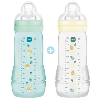 Biberons Easy Active coloris Ice et Pearl d&egrave;s 6 mois Mam - lot de 2 biberons de 330ml