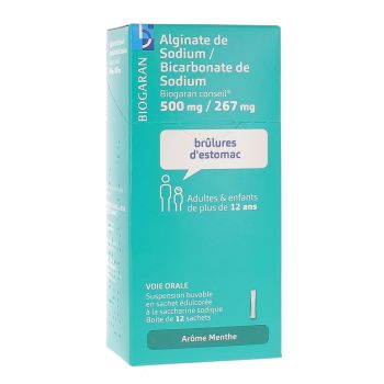 Alginate de Sodium/Bicarbonate de Sodium Biogaran 500 mg/267 mg - bo&icirc;te de 12 sachets menthe sans sucre