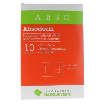 Absoderm Pansements adh&eacute;sifs st&eacute;riles avec compresse centrale 10x15cm Marque verte - bo&icirc;te de 10 sachets individuels