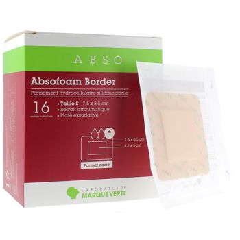 Absofoam Border Pansement Hydrocellulaire Marque Verte - bo&icirc;te de 16 pansements de 7,5 x 8,5 cm