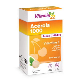 Vitamin 22 Ac&eacute;rola 1000 go&ucirc;t cerise Ineldea - boite de 64 comprim&eacute;s &agrave; croquer
