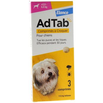 AdTab 112 mg chien 2,5-5,5kg Elanco - bo&icirc;te de 3 comprim&eacute;s &agrave; croquer