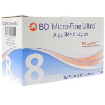 BD Micro-fine ultra aiguilles &agrave; stylos - 100 pi&egrave;ces de 8 mm