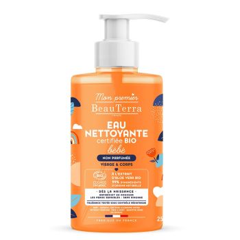 Eau nettoyante b&eacute;b&eacute; bio peaux sensibles corps et cheveux Mon premier Beauterra - flacon-pompe de 750ml