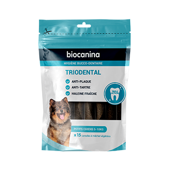Triodental lamelle &agrave; m&acirc;cher petits chiens 5-10kg Biocanina - sachet de 15 lamelles &agrave; m&acirc;cher v&eacute;g&eacute;tales
