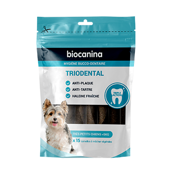 Triodental lamelle &agrave; macher tr&egrave;s petits chiens moins de 5kg Biocanina - sachet de 15 lamelles &agrave; m&acirc;cher v&eacute;g&eacute;tales