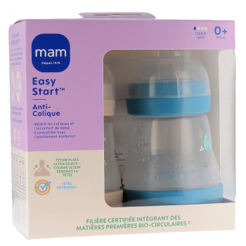 Biberon Easy Start anti-colique 0 Mois et + D&eacute;bit lent bleu oc&eacute;an et sable Mam - lot de 2 biberons de 160ml