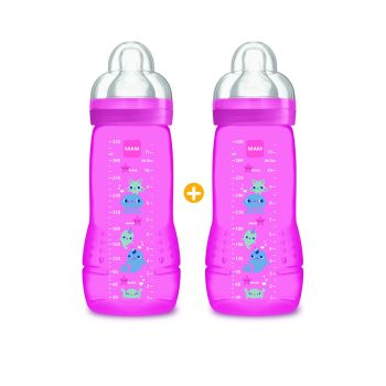 Biberon rose Easy active 2 &egrave;me &acirc;ge 6 mois + Mam - 2 biberons de 330 ml