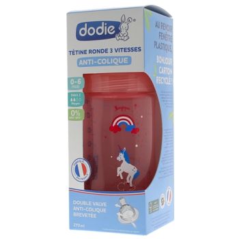 Biberon Initiation+ t&eacute;tine ronde 3 vitesses rose licorne Dodie - biberon de 270ml