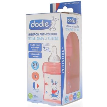 Biberon Initiation+ t&eacute;tine ronde 3 vitesses rose poup&eacute;e 0-6mois Dodie - Biberon de 150ml