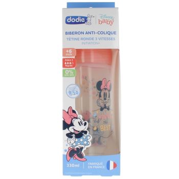Biberon anti-colique Disney Baby Minnie t&eacute;tine ronde 3 vitesses +6 mois Dodie - biberon de 330ml