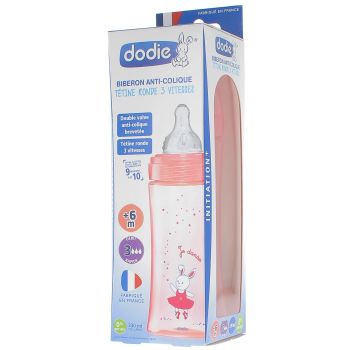 Biberon anti-colique t&eacute;tine ronde 3 vitesses rose +6 mois Dodie - 1 biberon de 330 ml