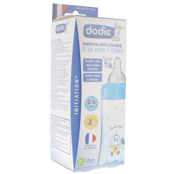 Biberon bleu anti-colique t&eacute;tine ronde 3 vitesses 0-6 mois Dodie - 1 biberon de 270 ml