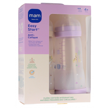 Biberon Easy start anti-colique 4+ mois D&eacute;bit rapide sable et lilas Mam - 2 biberons de 320ml