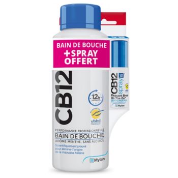 CB12 Bain de bouche go&ucirc;t menthe - flacon de 500 ml + spray buccal sans alcool menthe 15 ml offert