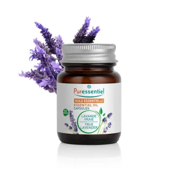 Capsules d'huile essentielle de lavande vraie bio Puressentiel - bo&icirc;te de 60 capsules