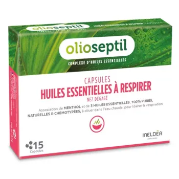 Capsules d'huiles essentielles &agrave; respirer nez d&eacute;gag&eacute; Olioseptil - boite de 15 capsules