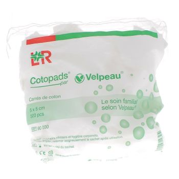 Carr&eacute; de coton cotopads 5x5 cm Velpeau - sachet de 500 cotons