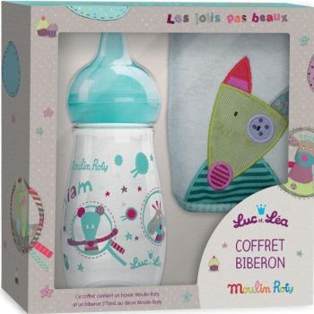 Coffret biberon Moulin Rotin Luc et L&eacute;a - 1 biberon de 270 ml + 1 bavoir