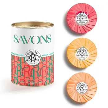Coffret savons bienfaisants Gingembre Rouge, N&eacute;roli, Oeillet Mignardise Roger & Gallet - boite de 3 savons de 100g