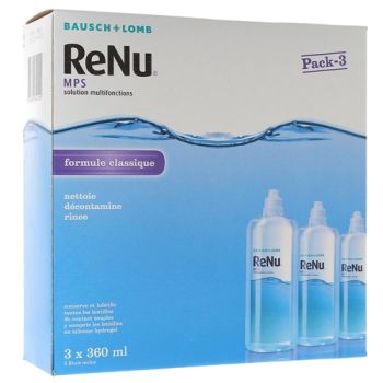 ReNu MPS Solution multifonctions formule classique Bausch Lomb - lot de 3 flacons de 360 ml + 3 &eacute;tuis &agrave; lentilles