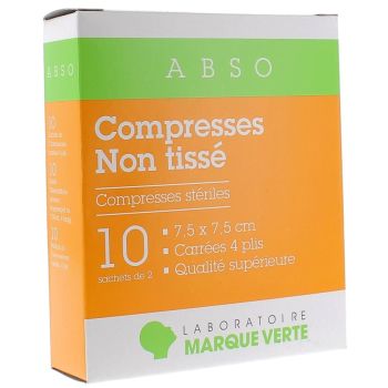 Compresses st&eacute;riles non tiss&eacute; Marque Verte - bo&icirc;te de 10 sachets de 2 compresses de 7,5x7,5cm