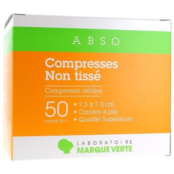 Compresses st&eacute;riles non tiss&eacute; Marque Verte - bo&icirc;te de 50 sachets de 2 compresses de 7,5x7,5cm