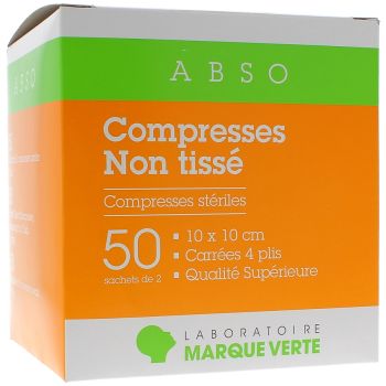 Compresses st&eacute;riles non tiss&eacute; Marque Verte - bo&icirc;te de 50 sachets de 2 compresses de 10x10cm