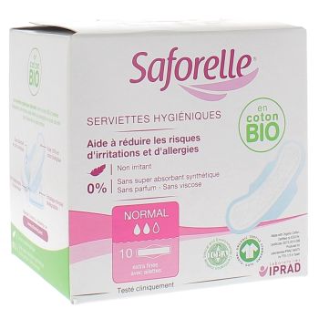 Coton protect serviettes hygi&eacute;niques extra fines avec ailettes Saforelle - boite de 10 serviette hygi&eacute;niques