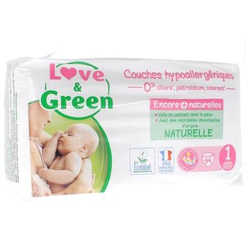 Couches hypoallerg&eacute;niques taille 1 Love & Green - paquet de 44 couches
