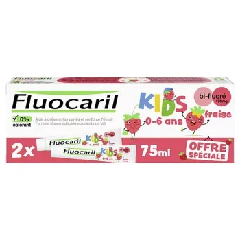 Dentifrice kids 0-6 ans ar&ocirc;me fraise Fluocaril - lot de 2 tubes de 75ml