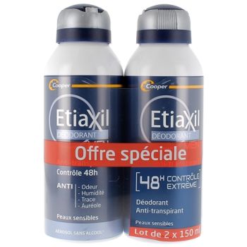 D&eacute;odorant homme anti-transpirant contr&ocirc;le 48h Etiaxil - lot de 2 a&eacute;rosols de 150 ml