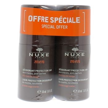 D&eacute;odorant protection 24H anti-traces et anti-t&acirc;ches homme Nuxe - lot de 2 roll-on de 50 ml