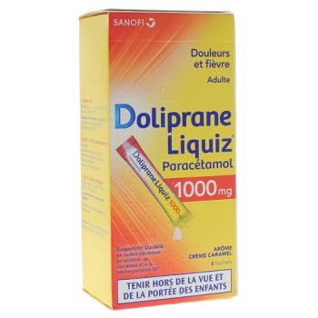 Doliprane Liquiz 1000mg sans sucre suspension buvable ar&ocirc;me cr&egrave;me caramel - bo&icirc;te de 8 sachets