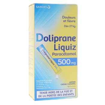 Doliprane Liquiz 500mg sans sucre suspension buvable ar&ocirc;me cr&egrave;me caramel - bo&icirc;te de 12 sachets