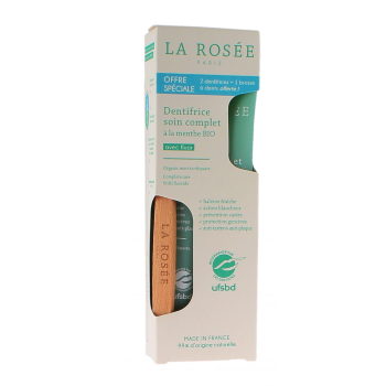 Dentifrice soin complet &agrave; la menthe bio La Ros&eacute;e - lot de 2 tubes de 75ml + une brosse &agrave; dent
