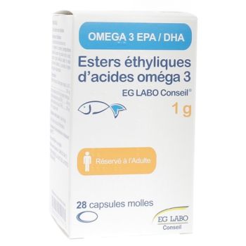 Omega 3 esters ethyliques d'acides 1g EG Labo Conseil - flacon de 28 capsules molles