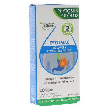 Estomac br&ucirc;lures et remont&eacute;es acides Phytosun Ar&ocirc;ms - bo&icirc;te de 20 comprim&eacute;s &agrave; croquer