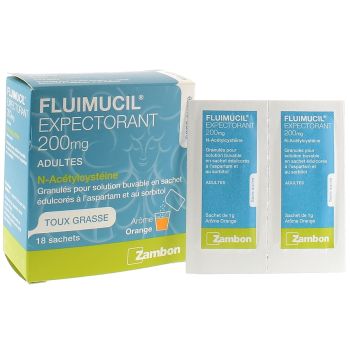 Fluimucil expectorant 200 mg toux grasse Zambon - 18 sachets ar&ocirc;me orange