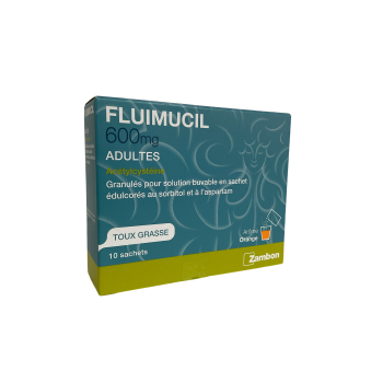 Fluimucil 600mg toux grasse ar&ocirc;me orange Zambon - bo&icirc;te de 10 sachets