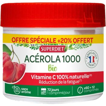 Ac&eacute;rola 1000 bio Super Diet - pot de 60 + 12 comprim&eacute;s offerts