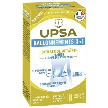 Ballonements & gaz 3 en 1 Citrate de b&eacute;ta&iuml;ne UPSA - boite de 40 g&eacute;lules