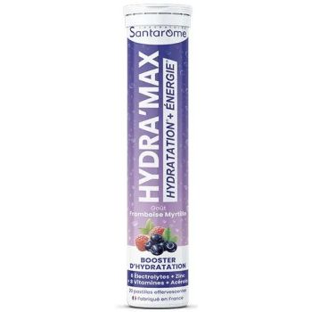 Hydra'max solution d'hydratation ar&ocirc;me framboise myrtille Santarome - 20 pastilles effervescentes