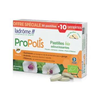 Pastilles adoucissantes &agrave; la propolis BIO Ladr&ocirc;me - boite de 30 pastilles + 10 offfertes