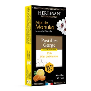 Pastilles gorge miel de manuka IAA10+ citron Herbesan - bo&icirc;te de 8 pastilles