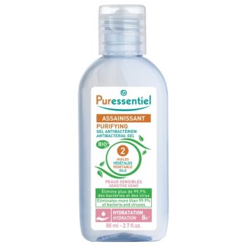 Gel antibact&eacute;rien Assainissant Peaux Sensibles aux 2 huiles v&eacute;g&eacute;tales Puressentiel - flacon de 80ml