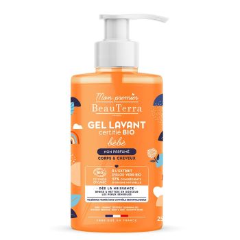 Gel lavant b&eacute;b&eacute; bio peaux sensibles corps et cheveux sans parfum Mon premier Beauterra - flacon-pompe de 750ml