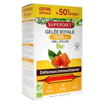 Gel&eacute;e Royale Bio 1500 mg miel d'acacia pollen Super Diet - 20 ampoules de 15 ml