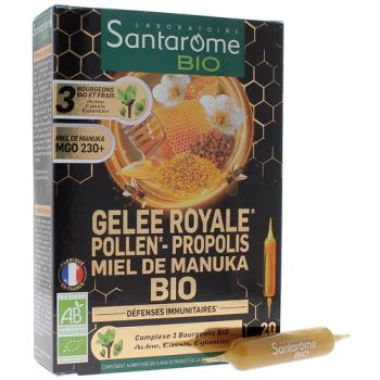 Gel&eacute;e royale pollen propolis miel de Manuka bio Santarome - bo&icirc;te de 20 ampoules