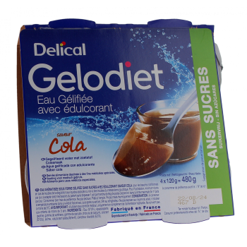 Gelodiet Eau g&eacute;lifi&eacute;e avec &eacute;dulcorant saveur cola Delical - lot de 4 pots de 120g